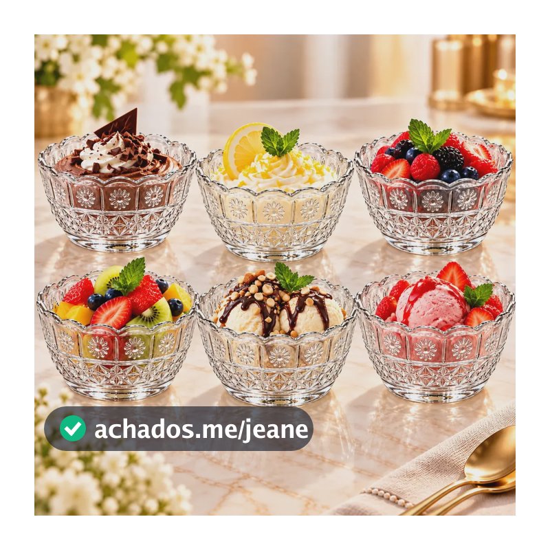 Jogo De Sobremesa Tigela Bowl 6 Peças Em Vidro Sorvete Doces Transparente