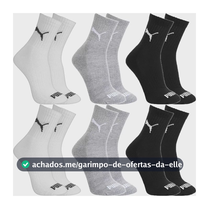 Kit 6 Pares Meias Puma Algodão Cano Médio Alto Atoalhado 2 Pretas, 2 Cinzas E 2 Brancas G - 39 A 43