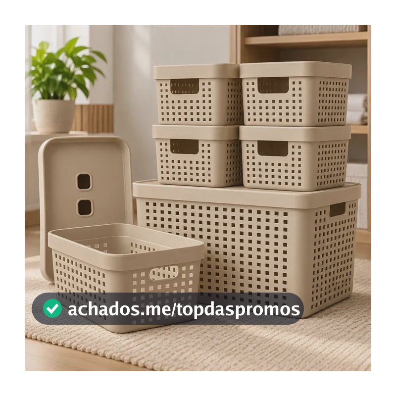 Kit 6 Caixas Organizadoras Com Tampa Invisivel 2l 4,5l 17l Cor Bege