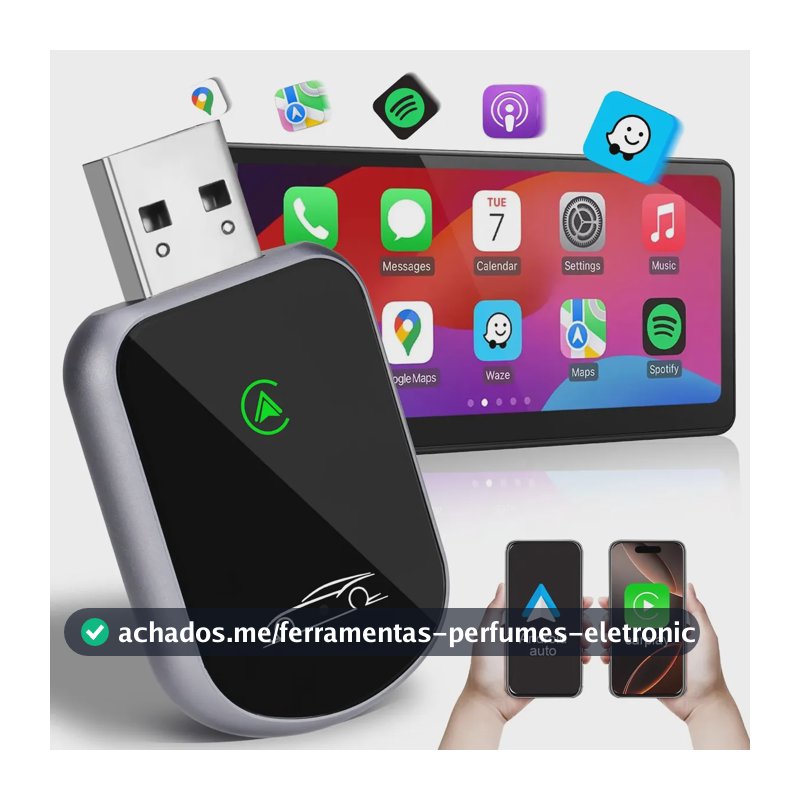 Adaptador CarPlay Sem Fio e Android Auto Wireless para USB/USB-C, com iPhone e Android, Plug and Play