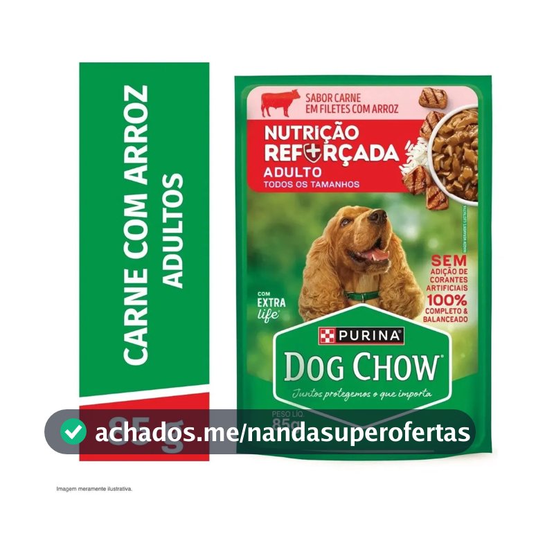 Ração Úmida Sachê Purina Dog Chow Cão Adulto Carne Arroz 85g x15un