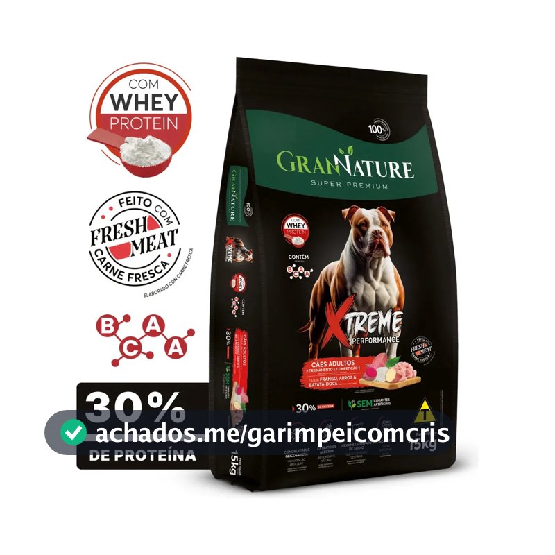 Ração Whey Protein Grannature Xtreme Alta Performance 30% Proteína para Cães Adultos raças Médio E Grande Porte Alimento Seco Sabor Frango Super Premium Com Bcaa Sem Corantes Saúde Articular 15kg