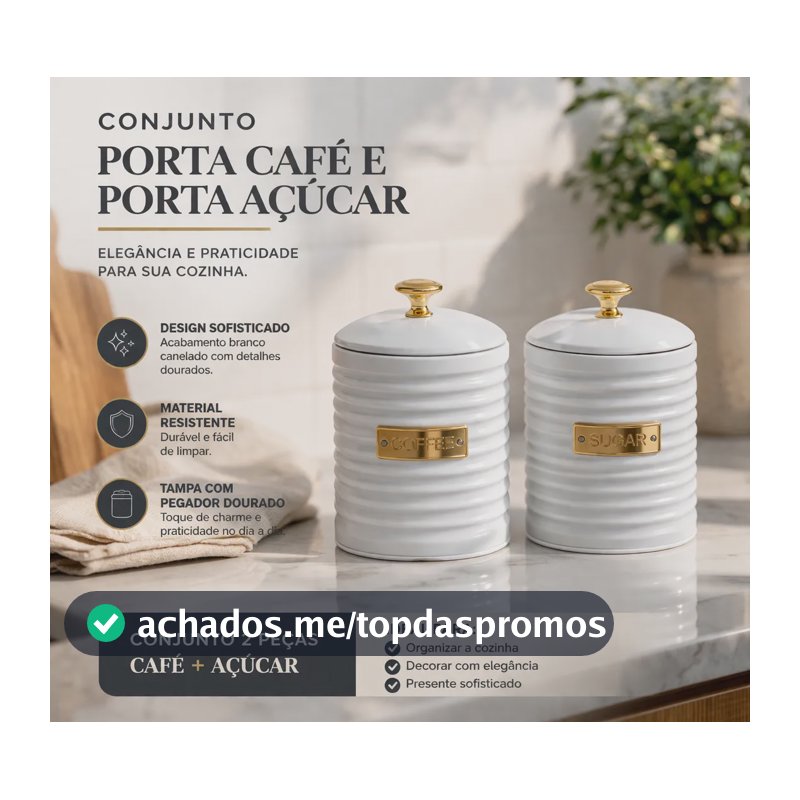 Kit Porta Açucar E Porta Café Metal Com Tampa Friso Branco