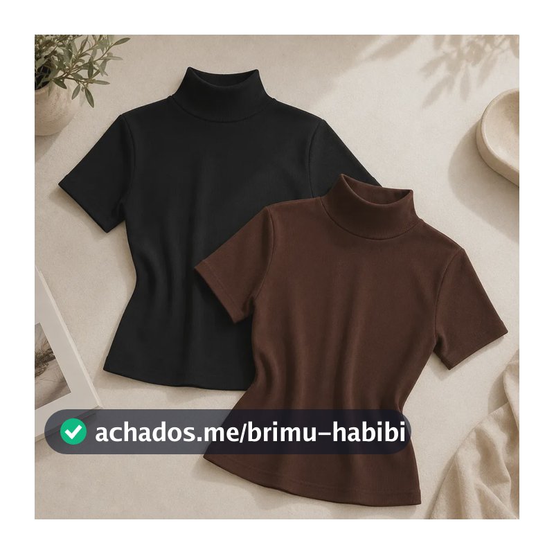 Kit 2 Blusas Feminina Canelada Gola Alta Ribana Básica Preto/marrom Liso Único: 36 A 42