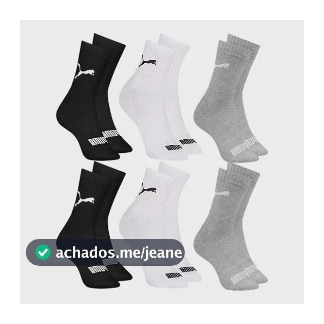 6 Pares Meias Puma Cano Médio Alto Atoalhada Academia Sport