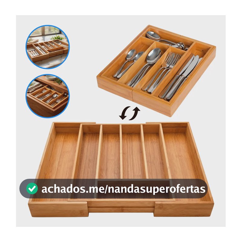 Organizador de Talheres de Bambu Madeira Extensível para Gaveta, com 7 Compartimentos Ajustáveis