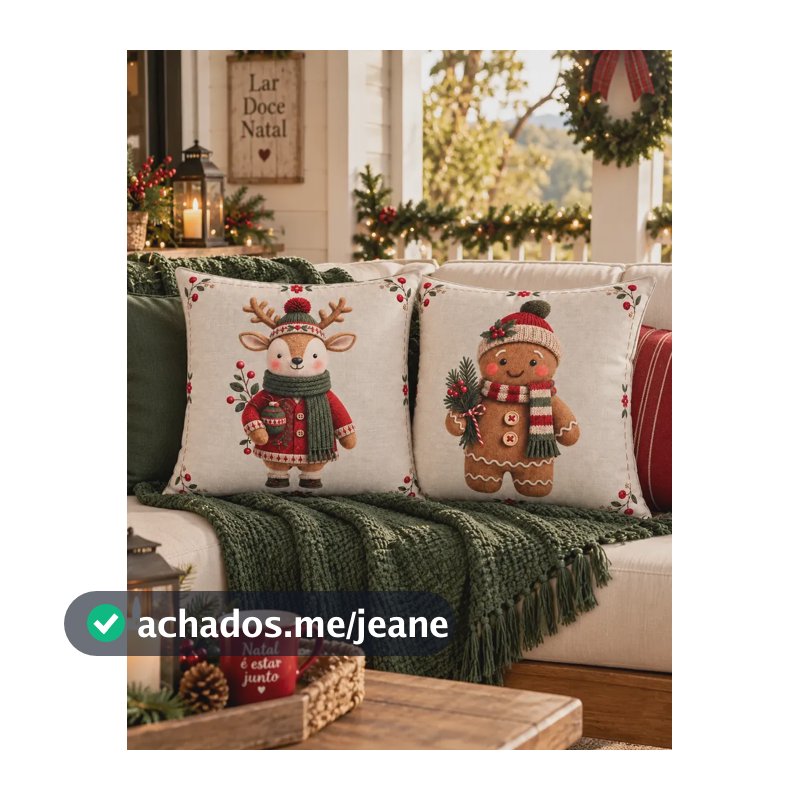 Kit 2 Capas De Almofada Linho Luxo Estampado Natal 43x43cm Bege Kit 1