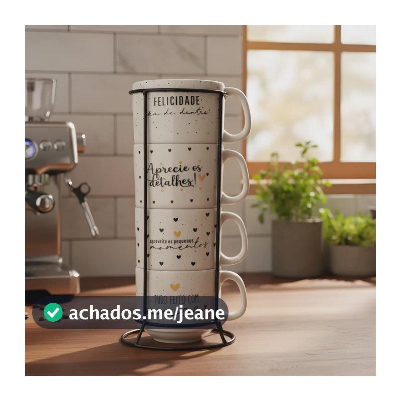 Jogo Xícaras Empilhavel Café Chá Porcelana Suporte Gratidão Branco Florido