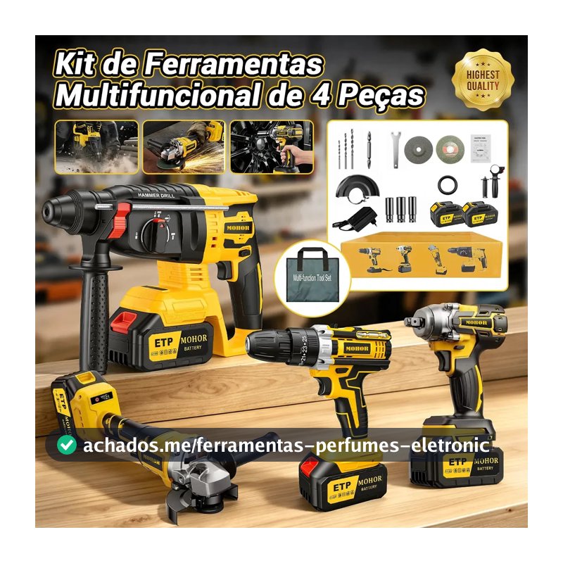 Kit Ferramentas Elétricas MOHOR 4 em 1 com 2 Baterias, Furadeira Parafusadeira, Martelete, Esmerilhadeira e Chave de Impacto