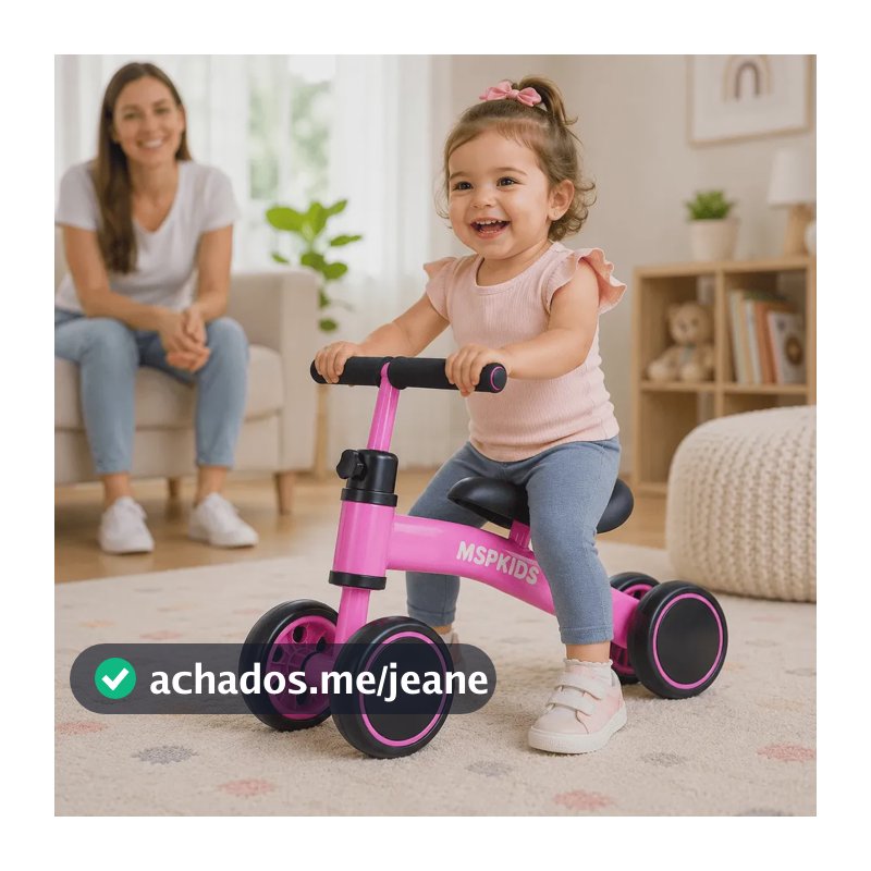 Bicicleta de Equilíbrio Infantil Rosa 4 Rodas Sem Pedal Bebê MSP Kids, Primeira Bike para Criança a Partir de 1 Ano, Assento Ergonômico, Guidão Ajustável até 140°, Pneus em EVA e Aço Carbono