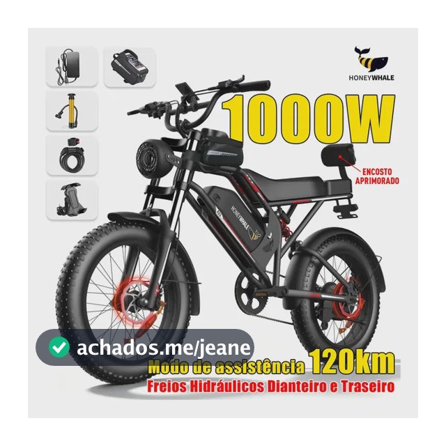 Honeywhale K6S Bicicleta Elétrica Adulto, 1000w-65km-55km/h-150KG-15,6AH, Bike-motor-autonomia-velocidade-carge, Freios Hidráulicos, Honey Whale Ebike Com Bolsa e Suporte para Celular, 20 Aro