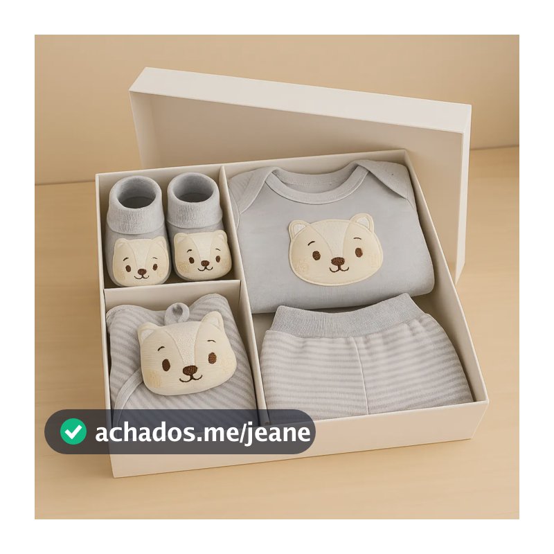 Kit Presente Bebê Recém Nascido Body Mijão Pantufa Naninha Raposinha Cinza Mescla P