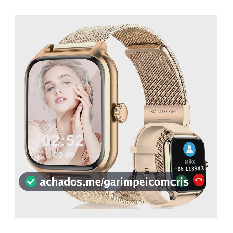 Smartwatch Mertto Dourado com Tela de 1.83" e Duas Pulseiras
