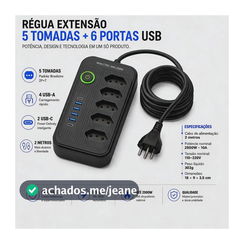 Régua Extensão 5 Tomadas + 4 Usb + 2 Tipo C Filtro Linha Preto 127/220v