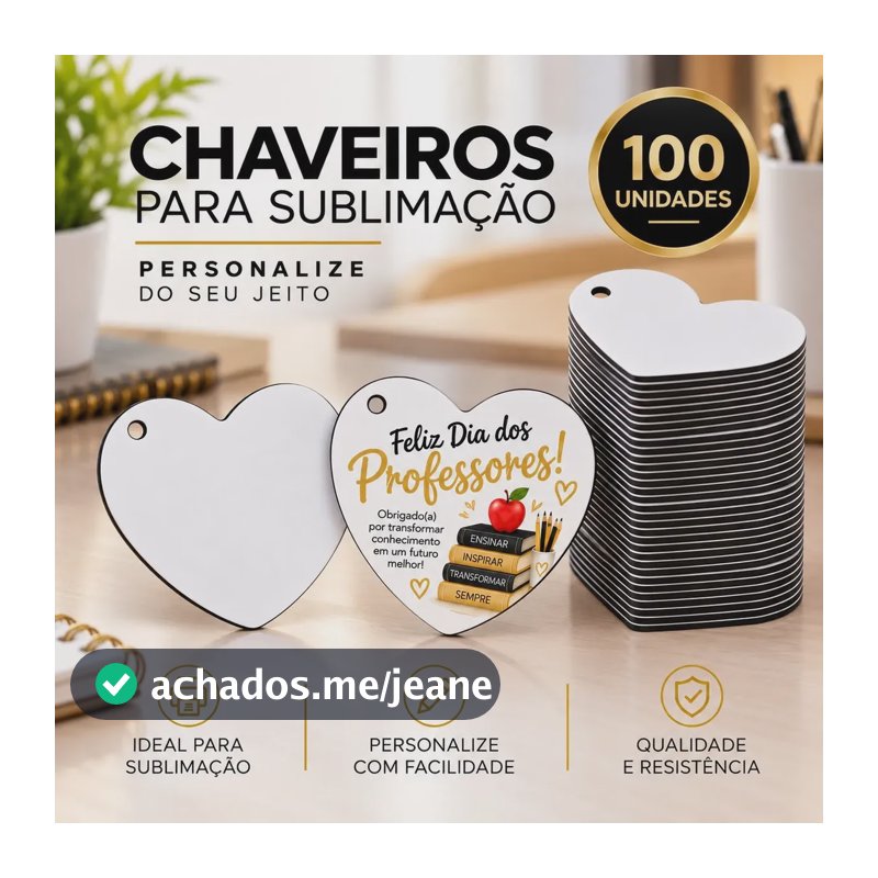 Kit 100 Chaveiros Para Sublimação Formato Coração De Mdf Branco