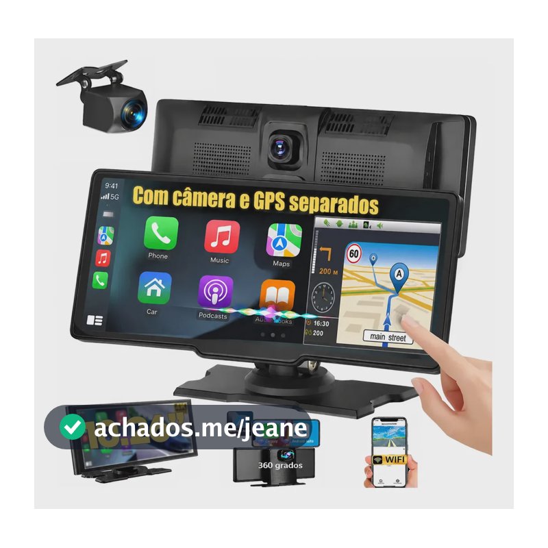 Central Multimídia Portátil 10,26" Carro com CarPlay/Android Auto Sem Fio, Dashcam 4K + Ré 1080P, GPS e Saída de Áudio FM/AUX