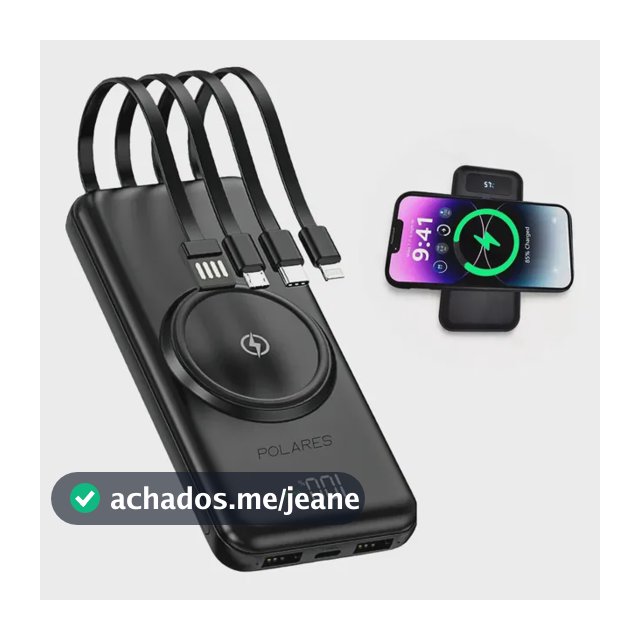 Power Bank Polares 20000mAh Com Indução e Cabos Integrados, Cor Preto