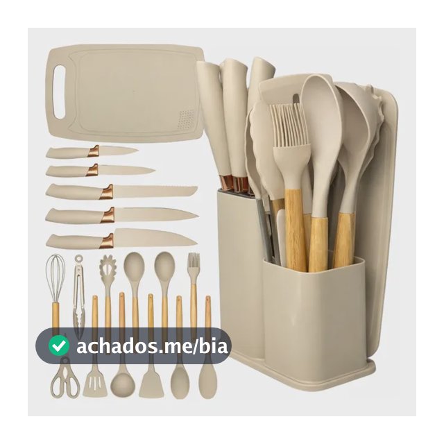 Kit Utensílios Silicone C/ Cabo De Madeira E Facas Em Inox