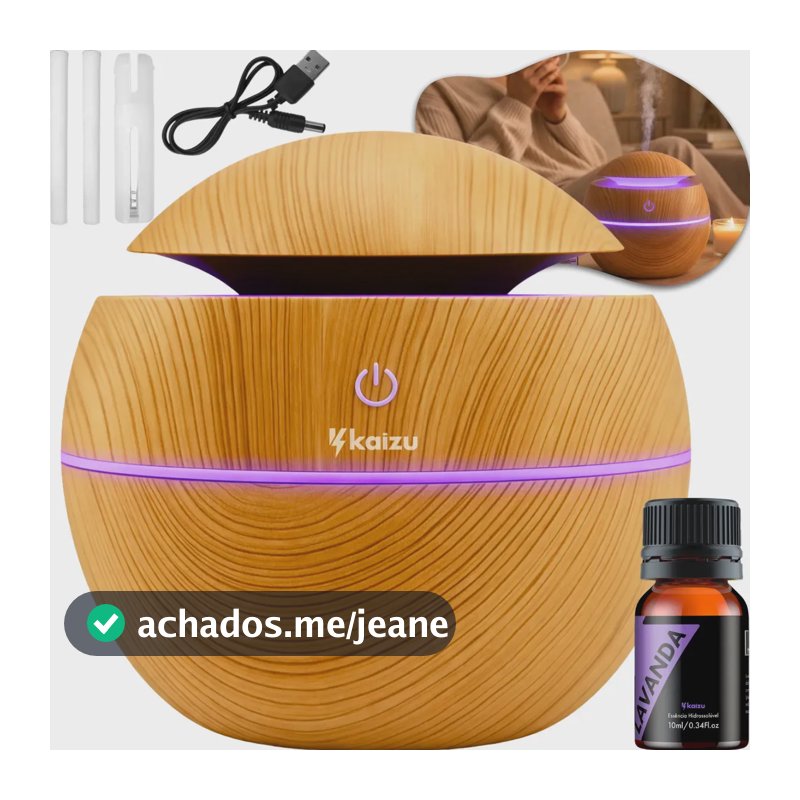 Difusor Aromatizador Elétrico Ultrassônico Kaizu de 130mL USB com Luz Noturna e Essência de Lavanda
