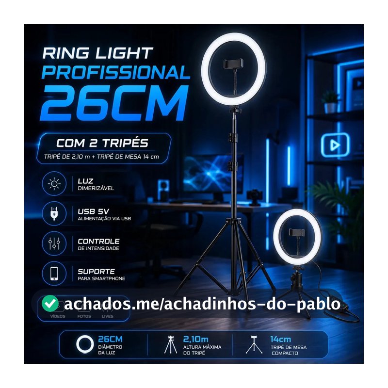 Ring Light Iluminador Led Profissional 26cm Tripé 2,10m Luz Branco Frio Quente Neutro