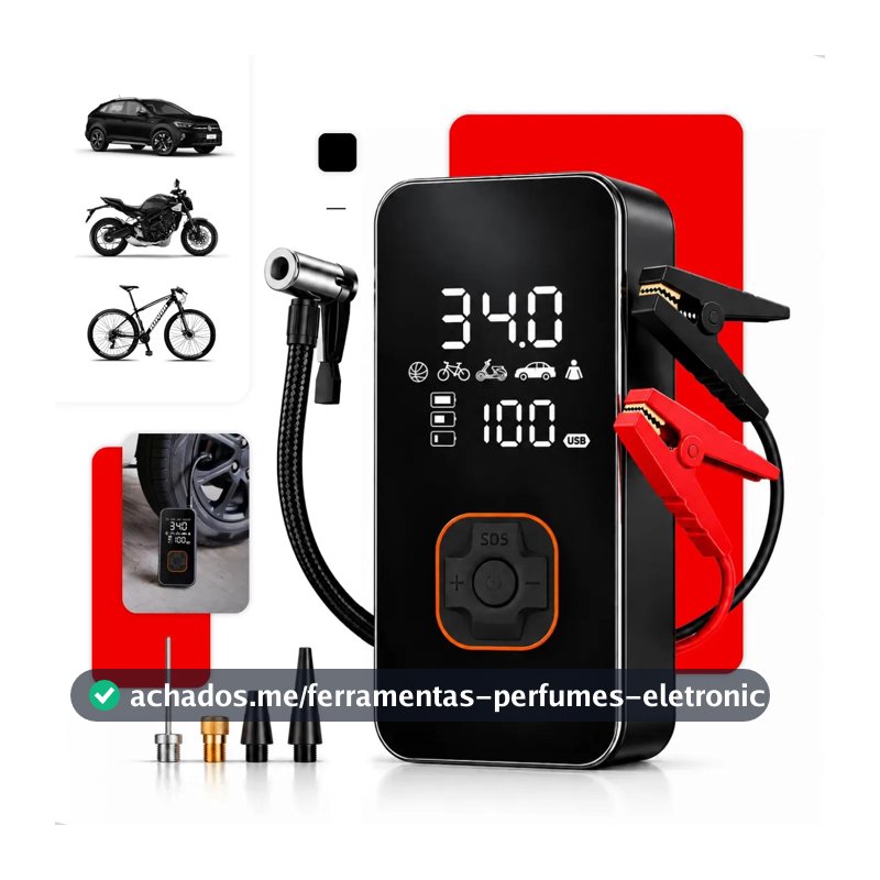 Auxiliar De Partida Bateria Carro Compressor De Ar Portátil 12V 6 funções em 1 Inflador Digital Calibrador Pneu Power Bank Lanterna LED Emergência Automotiva Moto SUV Bicicleta Caminhonete Floots