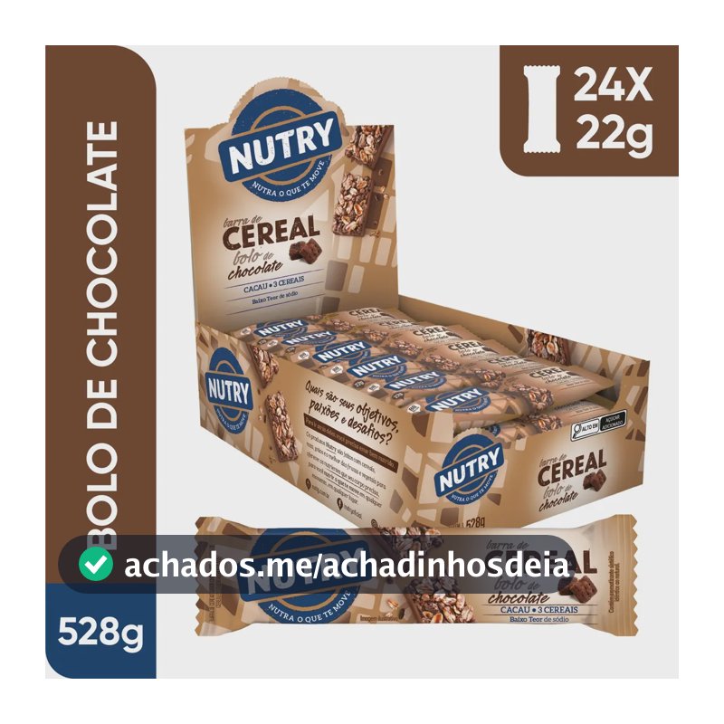 Barra de Cereais Nutry Bolo de Chocolate 22g - Display Com 24 Unidades - Com 3 Cereais e Cacau