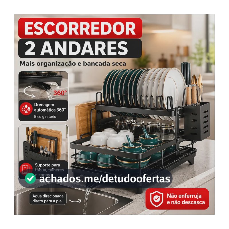 Escorredor De Louça Inoxidável 2 Andares Drenagem Automática Bandeja Grande 360o Organizador Pia Com Porta Talheres Tigelas Pratos VYROX