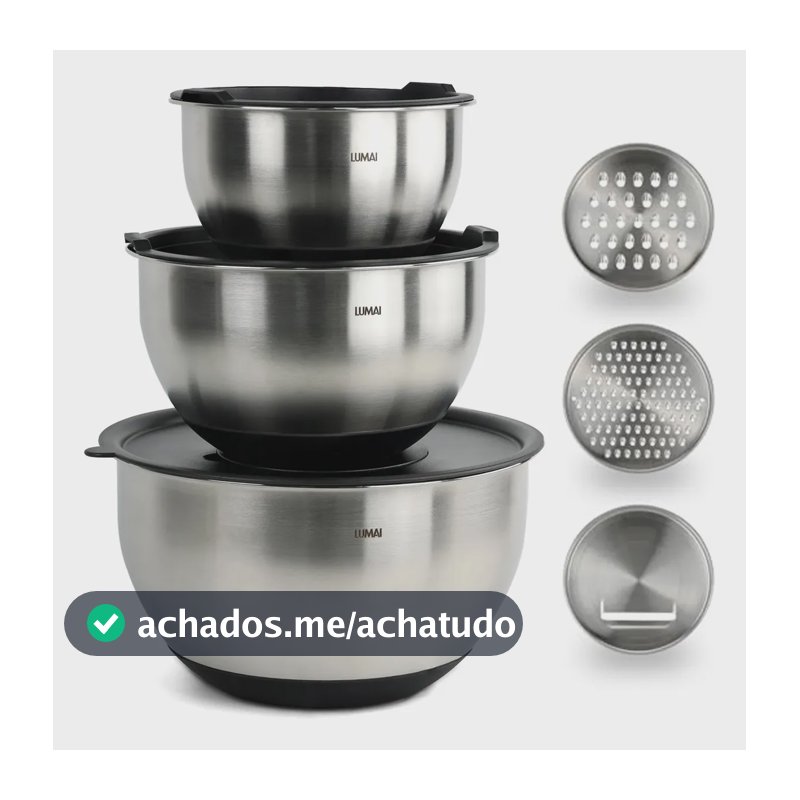Kit 3 Bowls Tigelas Grandes De Aço Inoxidável Com Tampas Hérmeticas E 3 Discos De Corte De Inox Para Ralar E Fatiar - Base De Silicone Premium - Utensilio De Cozinha Para Misturar, Armazenar E Marinar