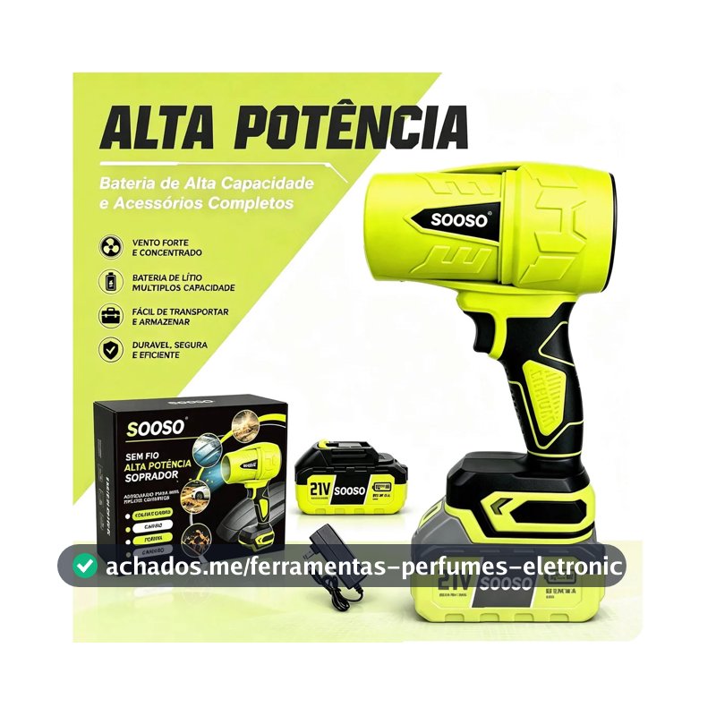 Sooso Soprador de Ar Potente 21V Sem Fio a Bateria Portátil para Secagem Automotiva Limpeza Casa Jardim Folhas Eletrônicos