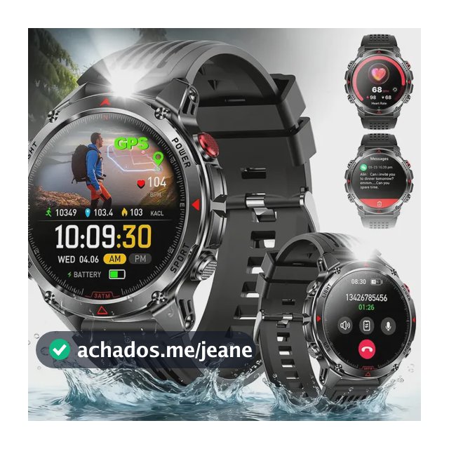 Relógio Inteligente Smartwatch GPS Autônomo À prova d'água 3ATM NOVANTE Masculino Feminino Esportivo Digital 530mAh Preto Bluetooth Chamadas Notificações Instantâneas Android IOS Com Lanterna Bússola
