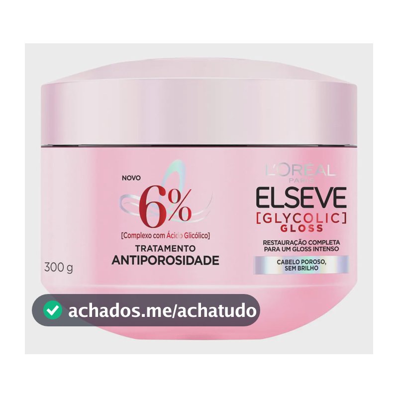 L'Oréal Paris Elseve Glycolic Gloss Máscara Capilar Antiporosidade, com Ácido Glicólico, Sela a Cutícula, Garante 3X Mais Brilho Espelhado e Maciez Intensa, 300g