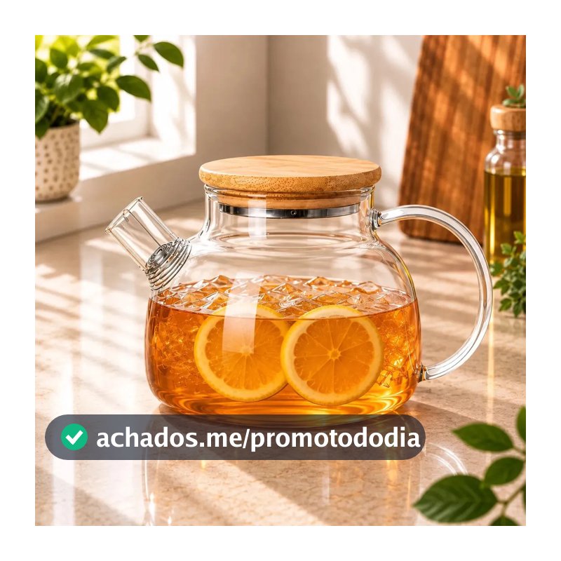 Chaleira De Vidro Tampa De Bambu Transparente com Filtro Infusor Inox para Chá Café Transparente Pacotinho Decor