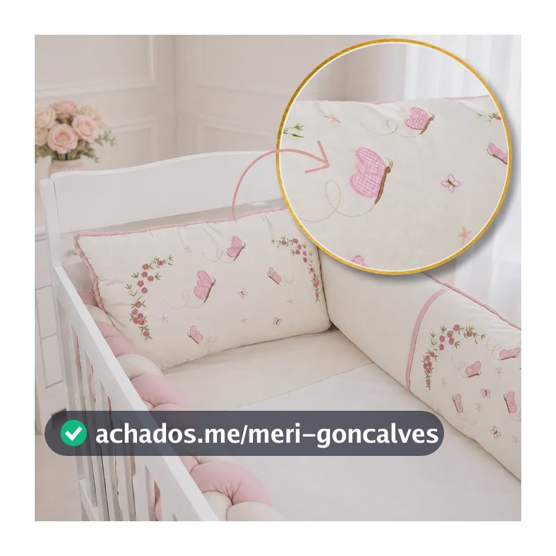 Kit Berço Le Petit Flores Bordadas 200 Fios Algodão Flores Bordadas Palha E Rosa