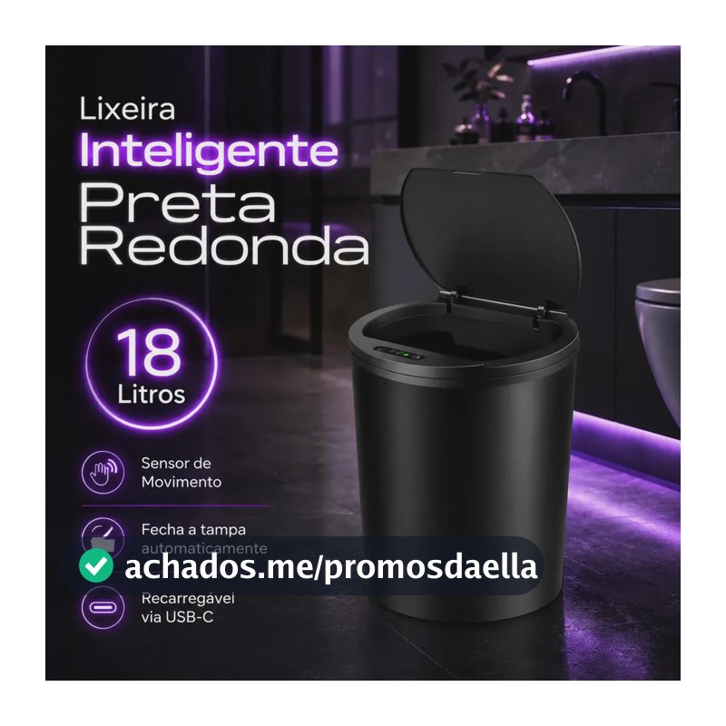 Lixeira Inteligente Smart 16l Automática Recarregável Preto Sensor Banheiro E Cozinha Moderna