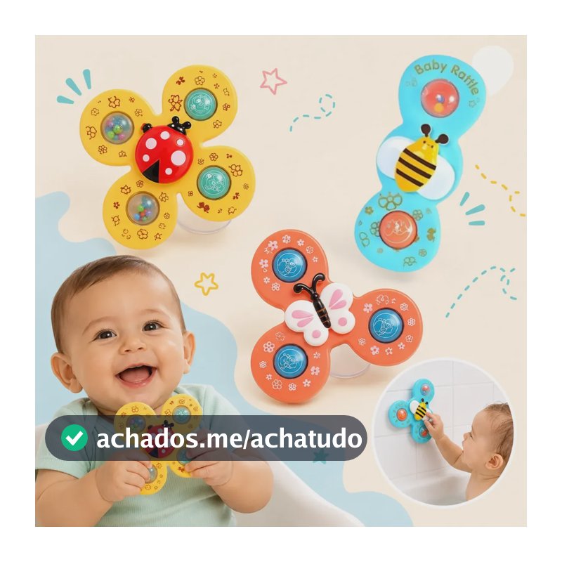 Kit 3 Spinner Brinquedo Bebê Gira C/ Ventosa Sensorial Banho Colorido