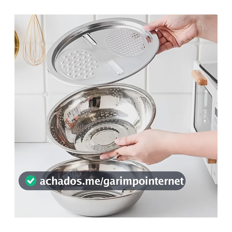Bowl Tigela 3 Em 1 Escorredor Massa Macarrão Ralador Inox Inox