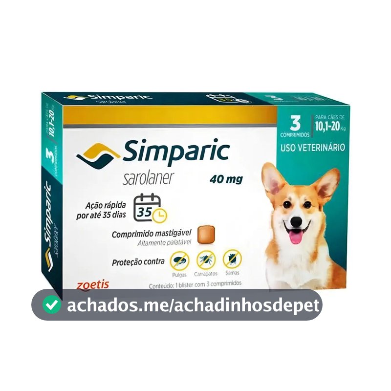 Antipulgas Zoetis Simparic 40mg Cães 10,1-20kg 3 Comprimidos