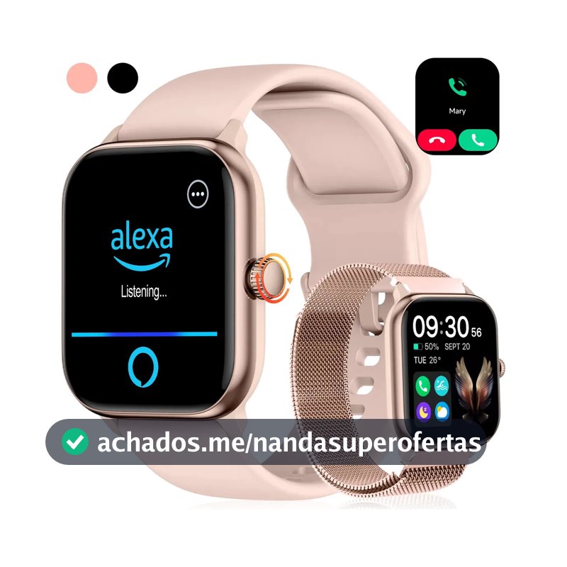 Relógio Inteligente Smartwatch Alexa Chamadas Bluetooth NOVANTE Rosa Digital Feminino Masculino Esportivo Notificações Instantâneas Agua IP68 350mAh 1.85 AMOLED Com Codificador Monitor Cardíaco Spo2