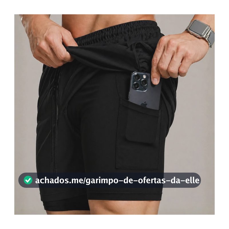 Bermuda Compressão Duplo Masculina 2 Em 1 Short Academia Preto Liso Gg