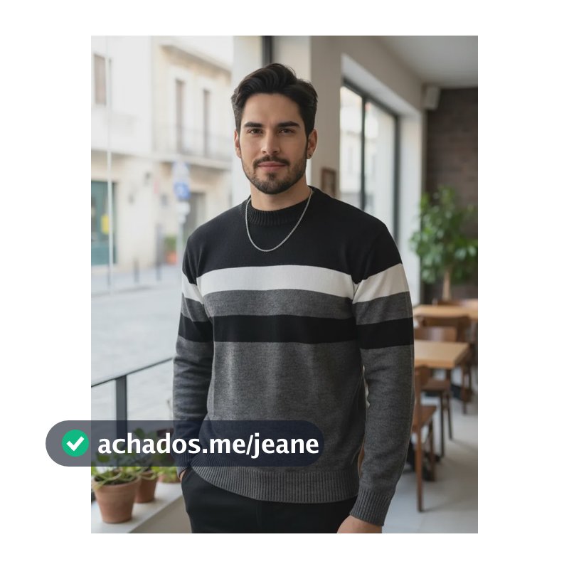 Blusa Tricô Masculina Manga Longa Suéter Listrada Inverno Preto G