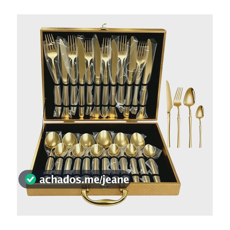 Faqueiro Dourado Aço Inoxidável 24 Pcs Caixa Presente Luxo Dourado