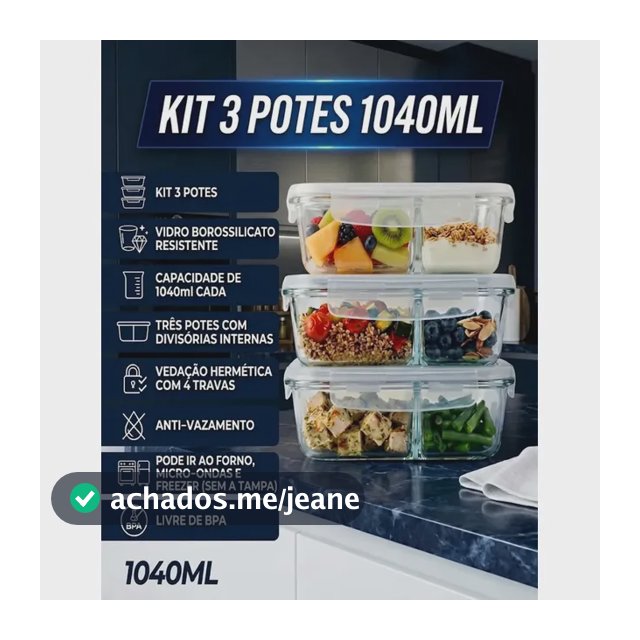 Kit 3 Potes de Vidro 1040ml com Divisória e Tampa Hermética Borossilicato Pítia