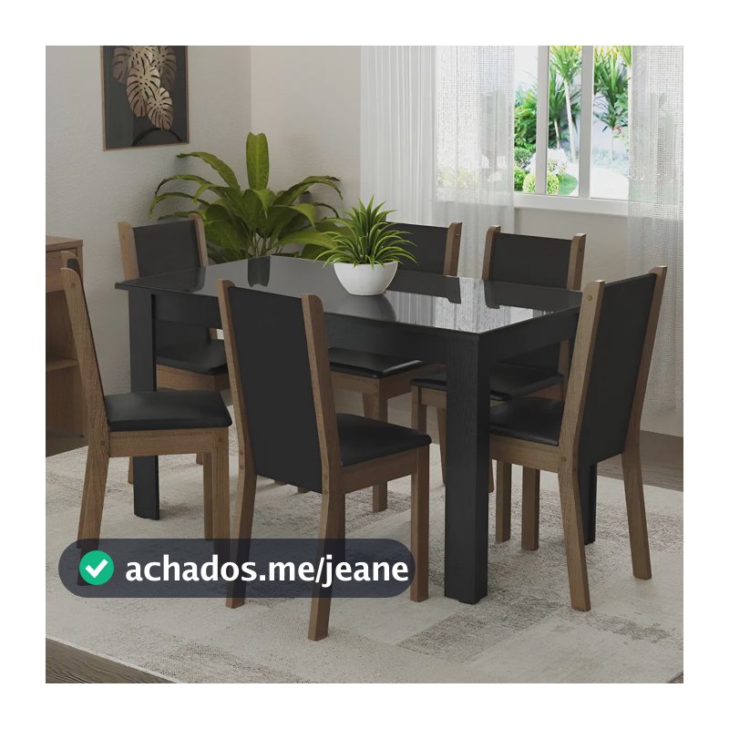 Sala Jantar Mesa Tampo Vidro 6 Cadeiras Heloísa Madesa Pr Cor Preto/Rustic