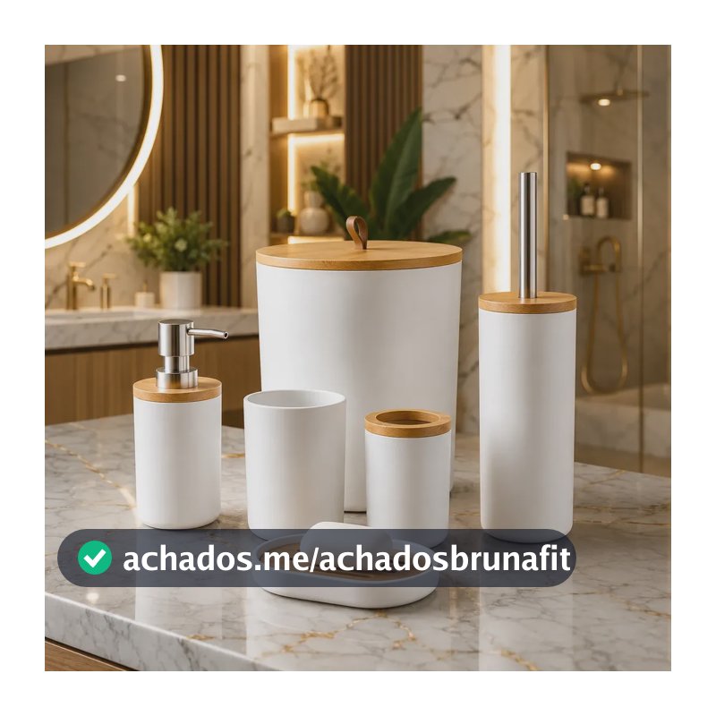 Kit Acessórios Banheiro 6 Peças Lixeira Escova Sanitária Dispenser Sabão Líquido Porta Escova Dente Saboneteira Cor Branco