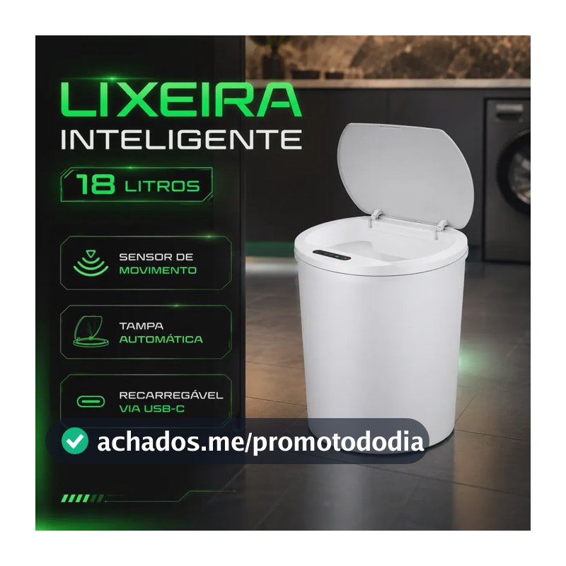 Lixeira Automática Inteligente 18 Litros Redonda Cor Branca com Sensor Infravermelho Tampa Touchless Recarregável USB Anti Odor para Cozinha e Banheiro