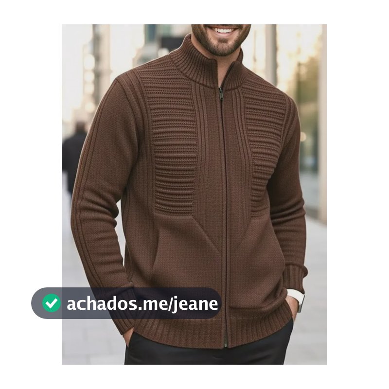 Jaqueta Masculina Preta Lã Tricot Inverno Com Bolso E Zíper