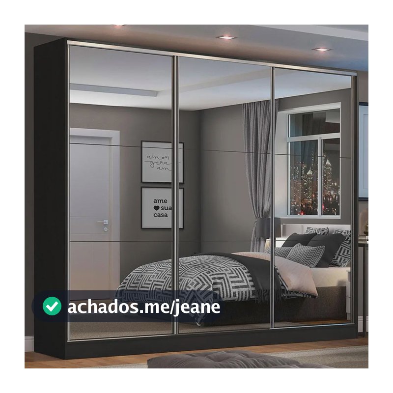 Guarda Roupa 100% Mdf Madesa Zurique 3 Portas Correr Espelho Cor Preto