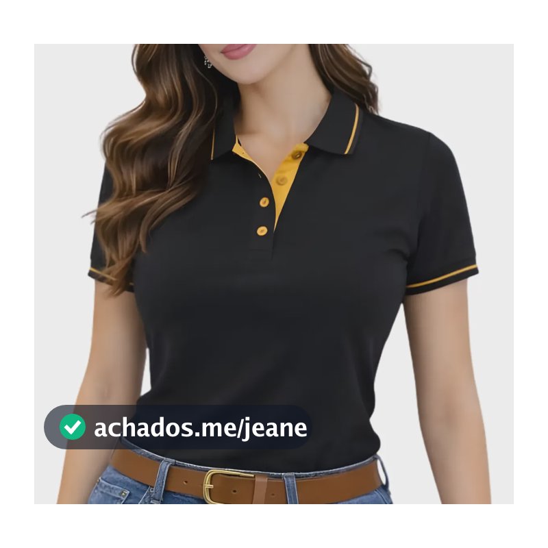 Camisa Gola Polo Feminina Baby Look Manga Curta Preto Gg