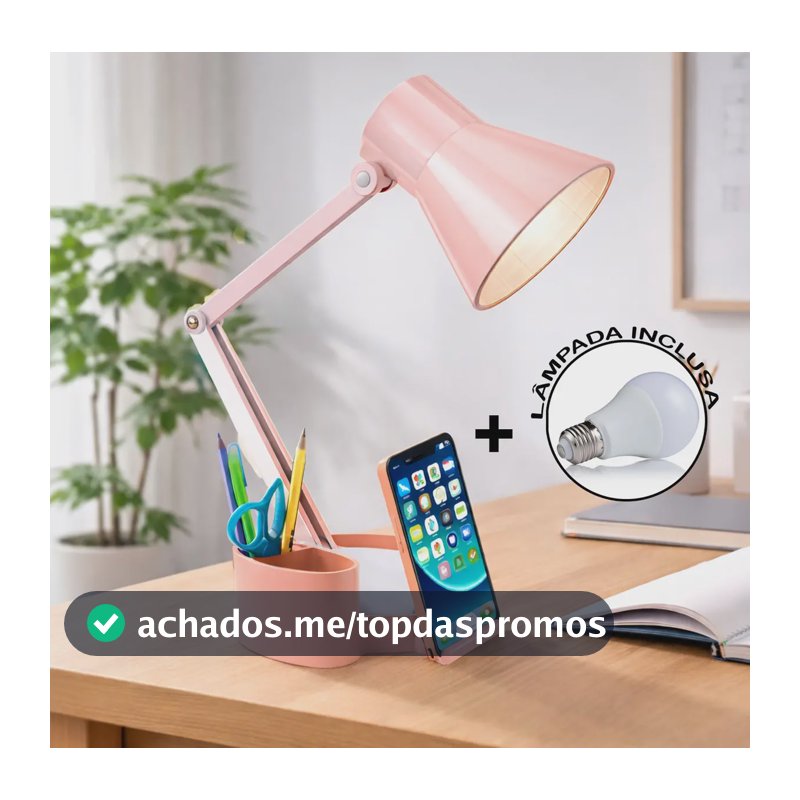 Abajur Luminária Articulada Porta Lápis Home Office Estudo Cúpula Salmão Estrutura Salmão/Branco