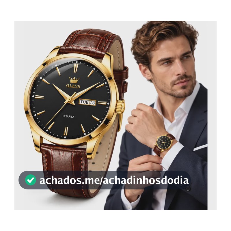 Relógio Masculino Olevs Dourado Couro Marrom Calendário Marrom Dourado Preto